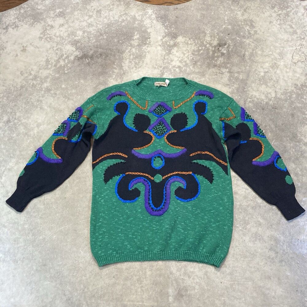 leau Vive Sweater Womens Medium‎ Green Knit Geometric Linen Blend Vtg 90s